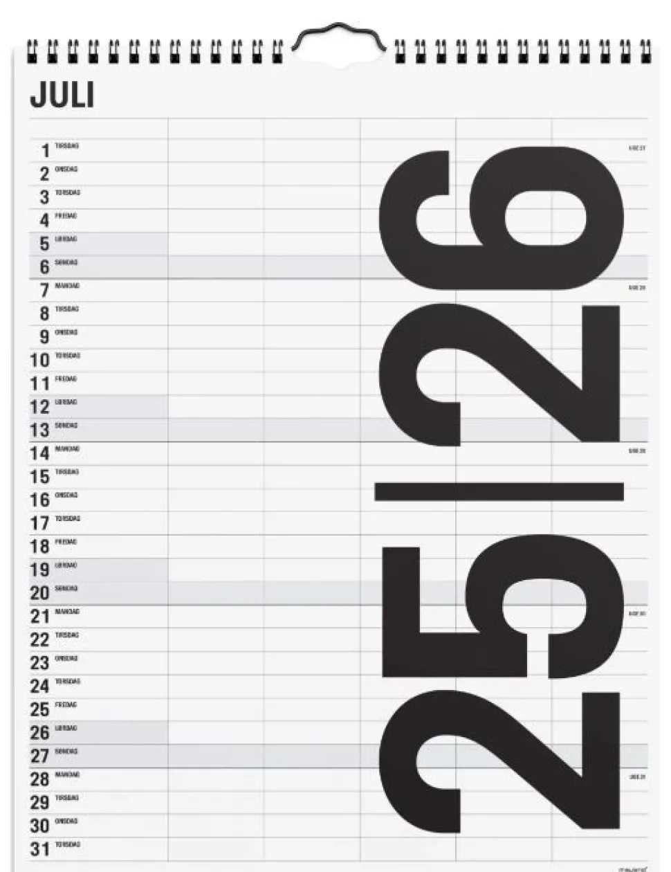 Mayland Studie Familiekalender 2025/26 - Black and White (Kalender, Spiralryg, Dansk)