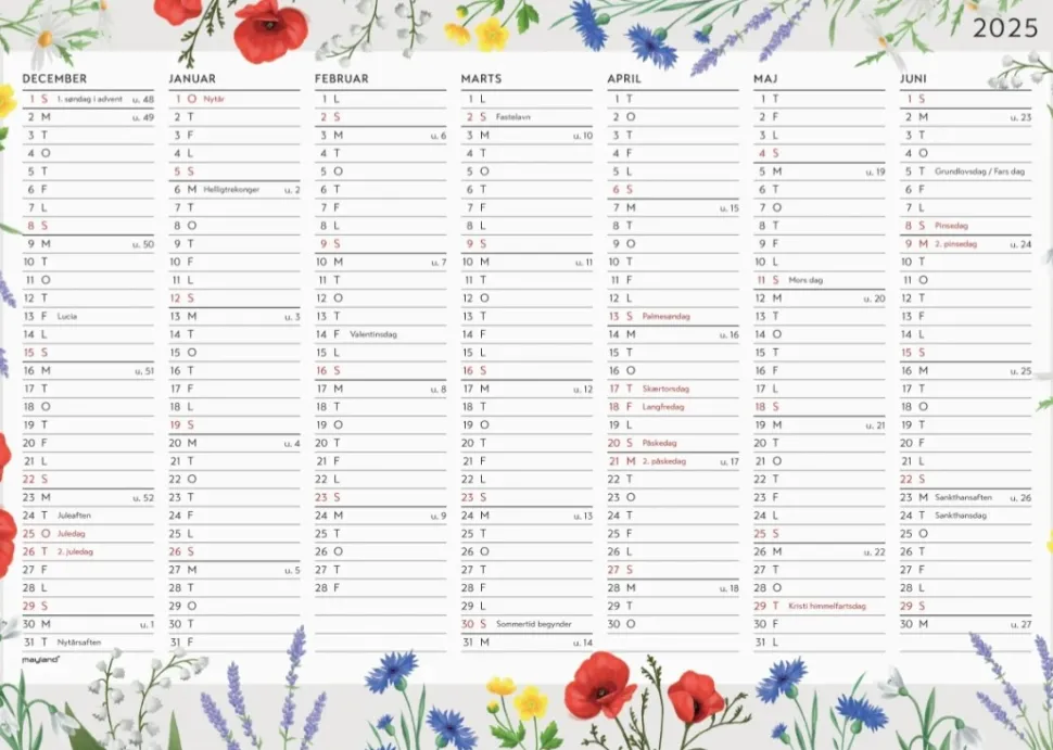 Mayland vægkalender Blomster A4 14 mdr. 2025